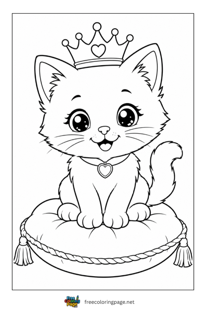coloring page of baby kitten wearing crown