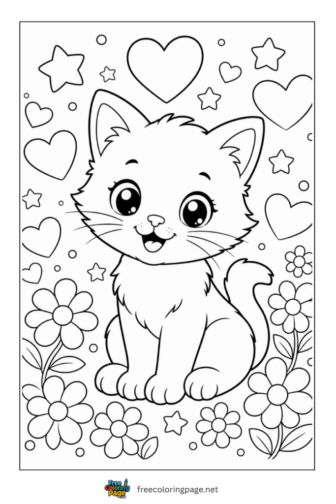 coloring page of baby kitten with heart background