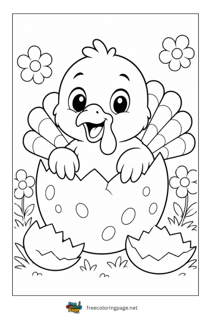 baby turkey hatching coloring page with pumpkins