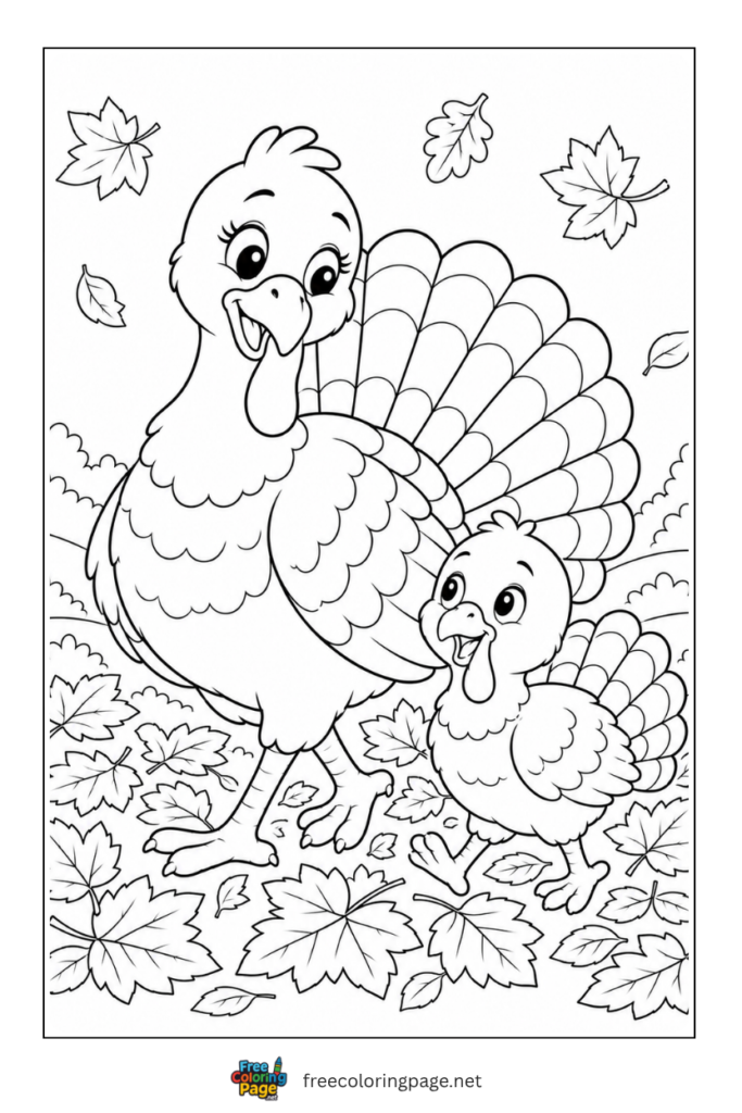 baby turkey with mother coloring page with pumpkins