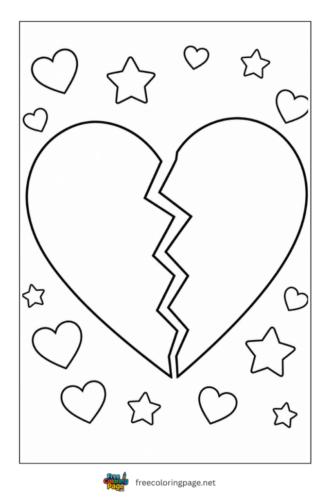 coloring page of simple broken heart