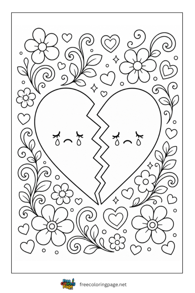 coloring page of broken heart 