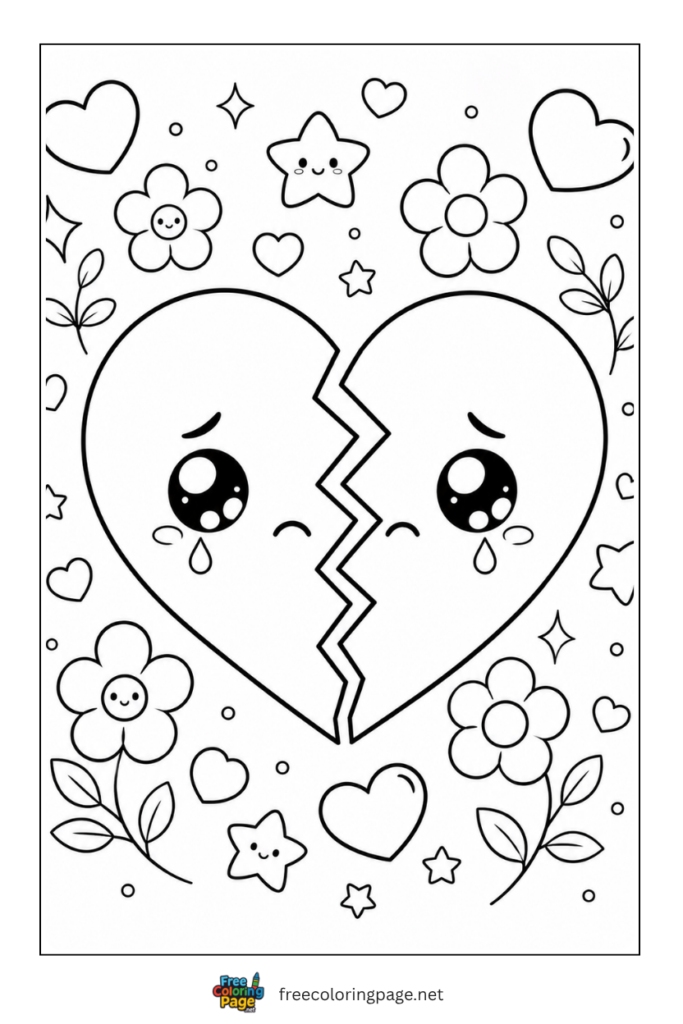 coloring page of kawaii broken heart