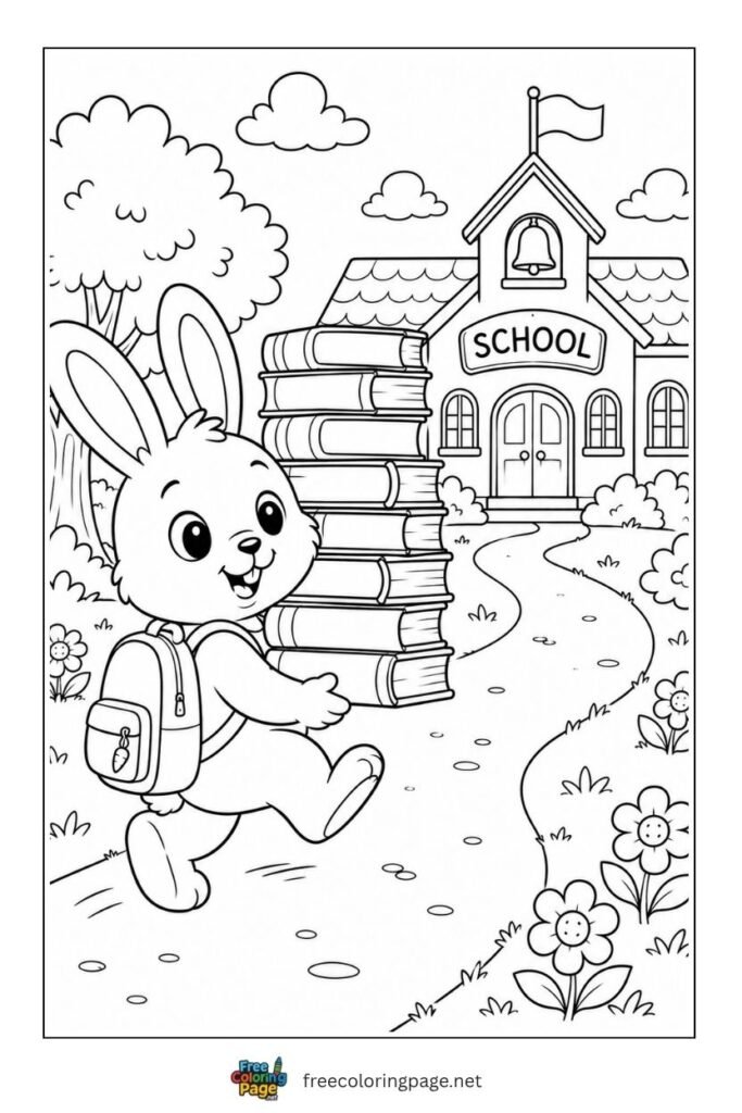 bunny with stack of books coloring page