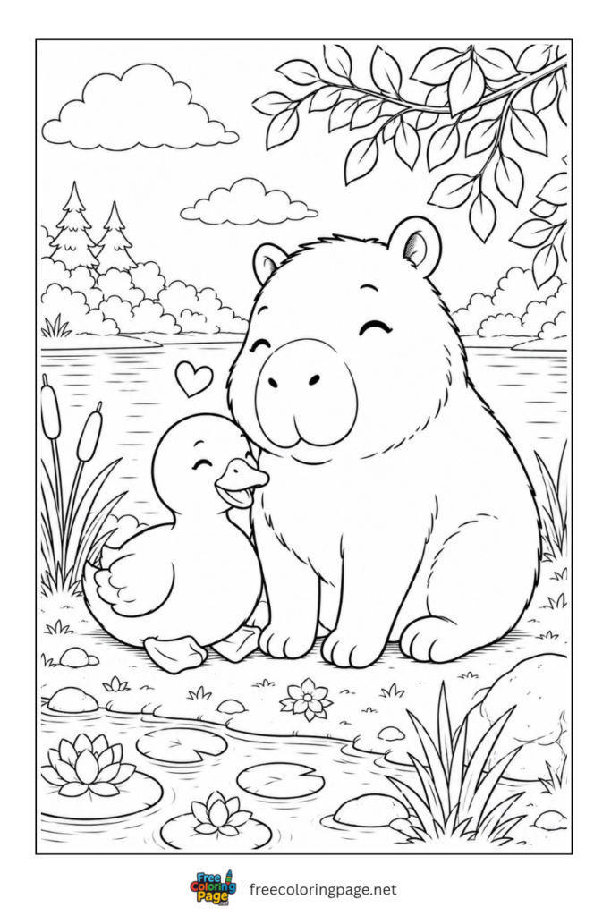 capybara duck duck best friends coloring page