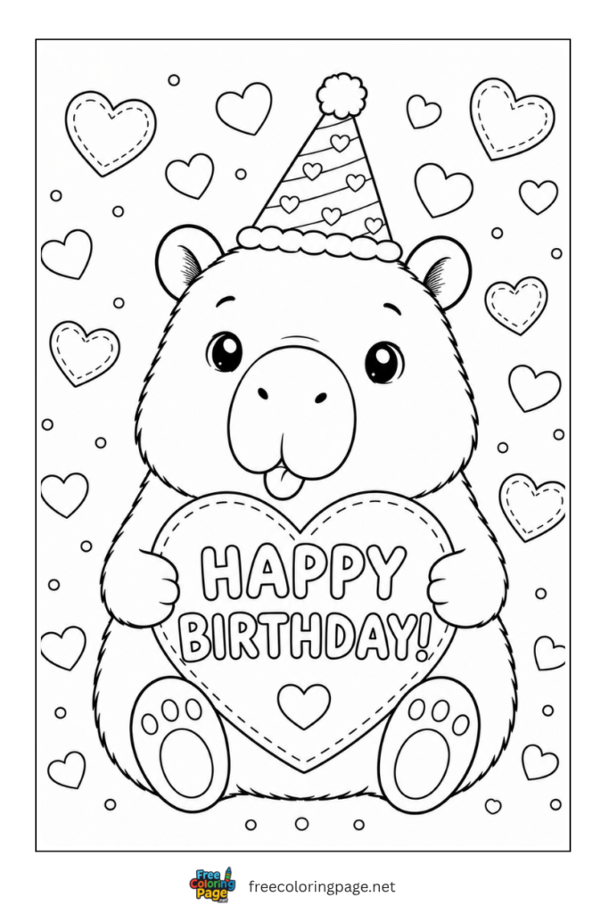 capybara happy birthday coloring page for kids