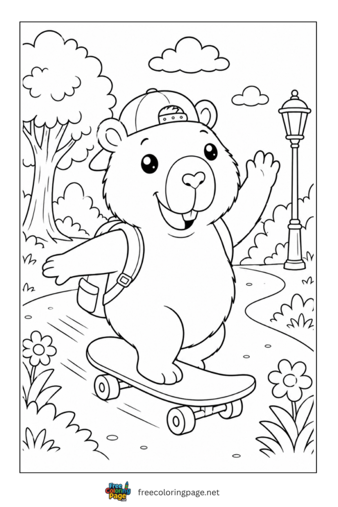 cartoon capybara riding skateboard coloring page for adults