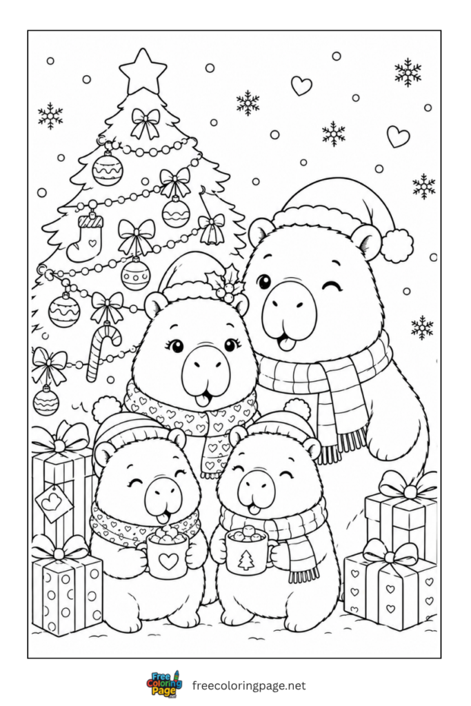 capybara family on christmas coloring page