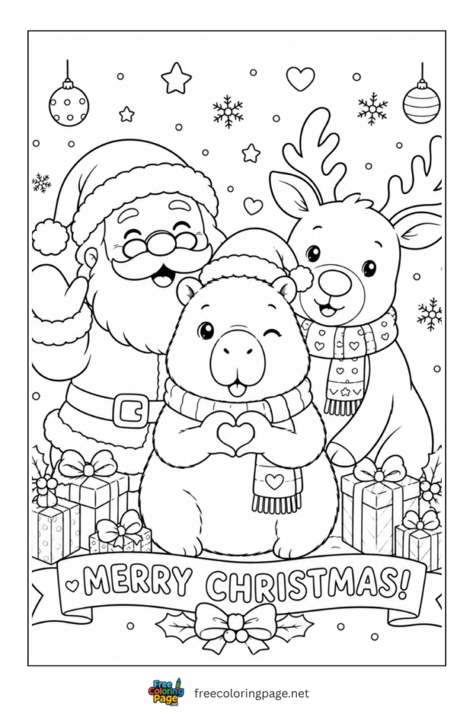 capybara and christmas santa and reindeer gifts coloring page