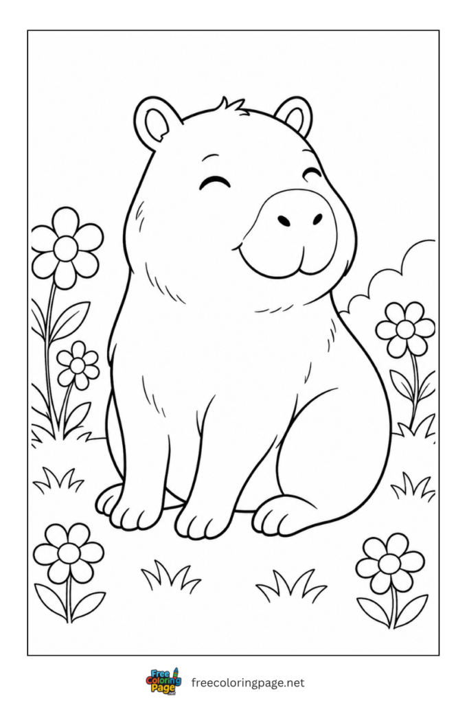 capybara coloring page- sitting in flower garden