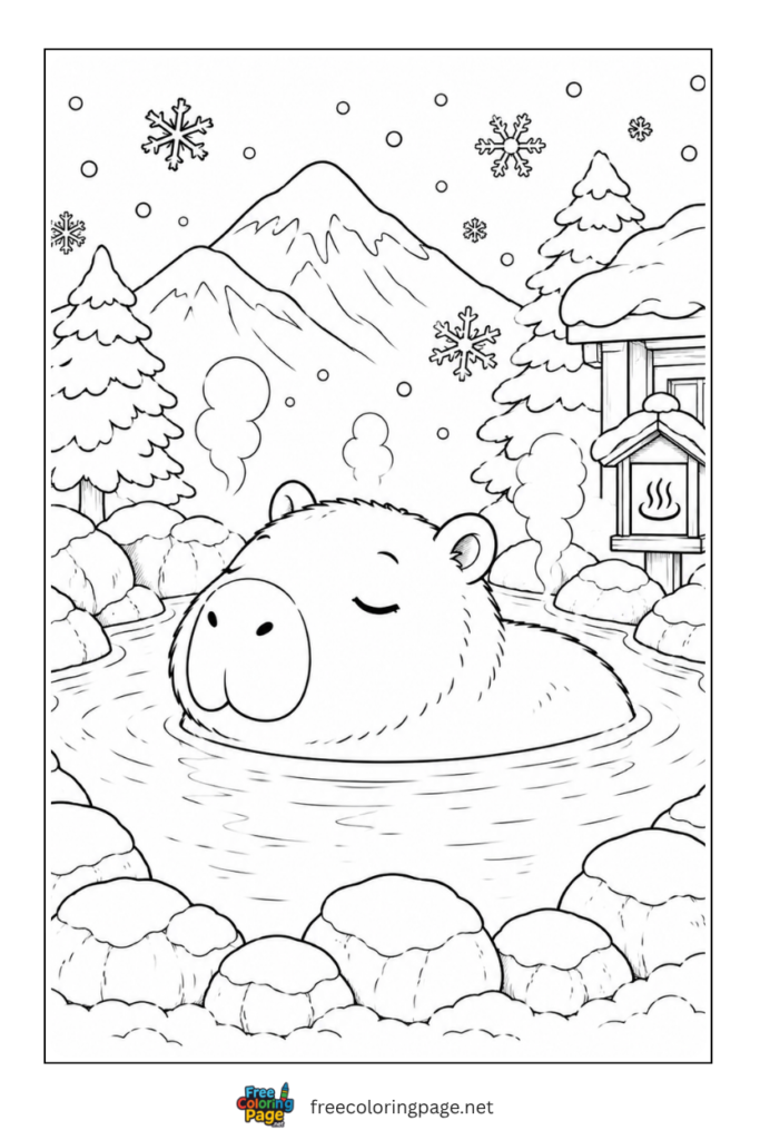 capybara warm bath in winter coloring page