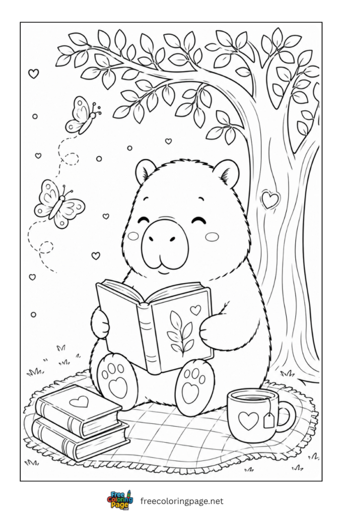 capybara cozy time reading book  coloring page