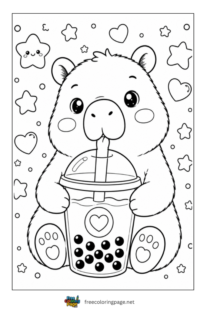 capybara drinking booba tea coloring page