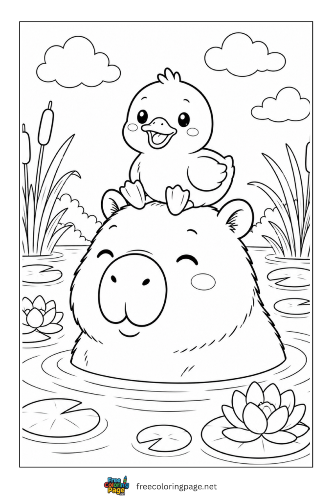 capybara with duck  on his head  coloring page