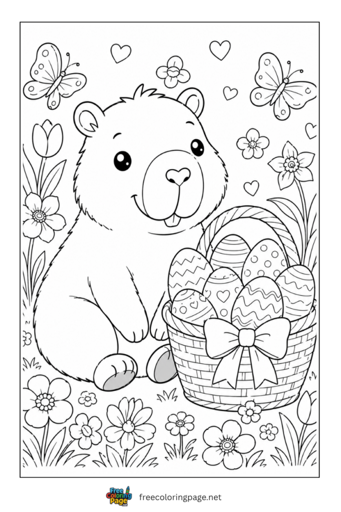 capybara sitting with easter egg basket coloring page