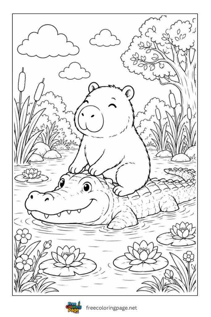 capybara riding aligator coloring page