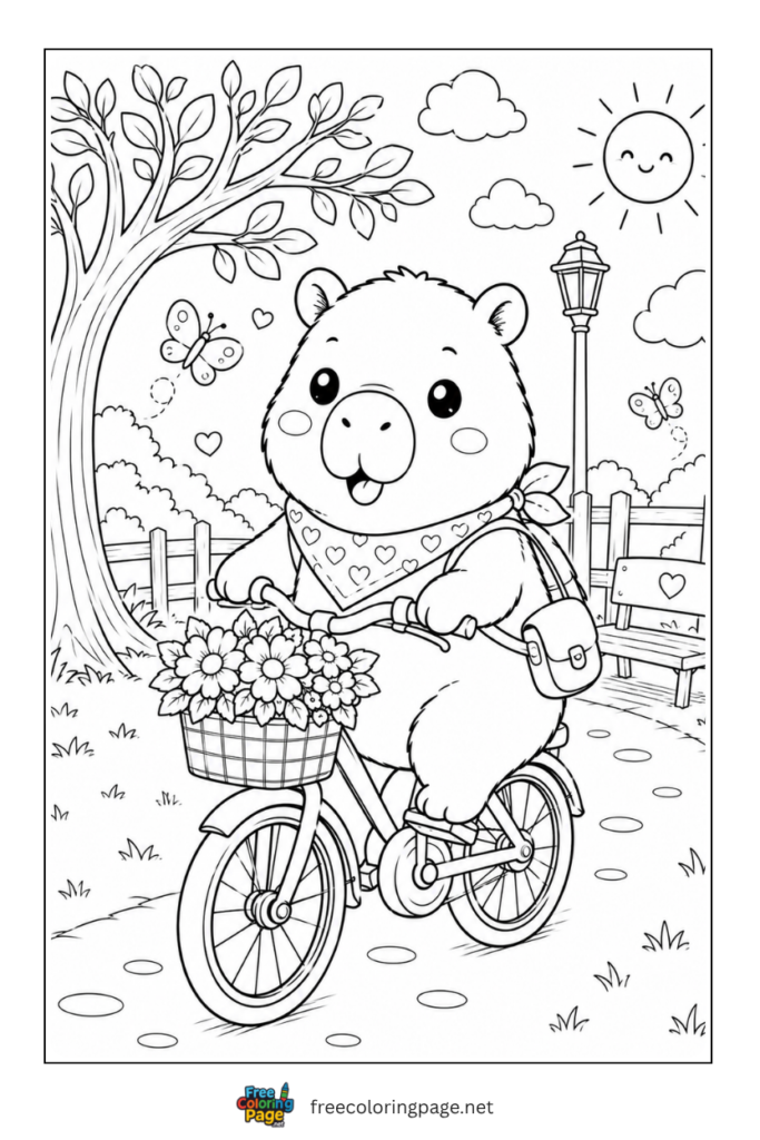capybara riding bicycle coloring page for kids