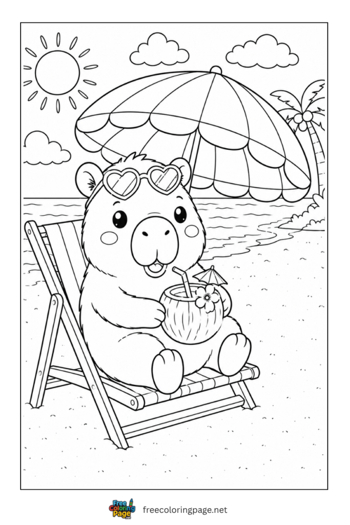 capybara on summer beach coloring page