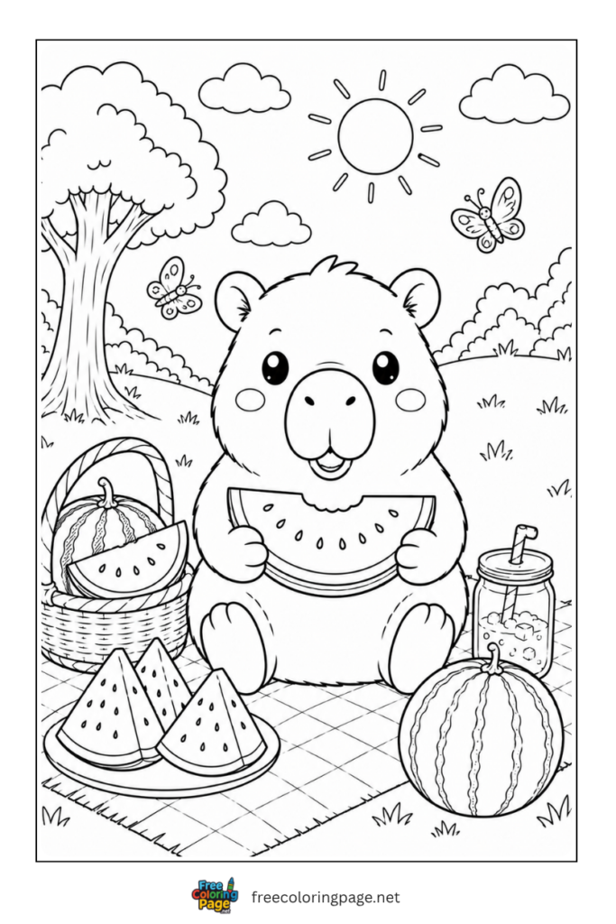 capybara summer picnic coloring page