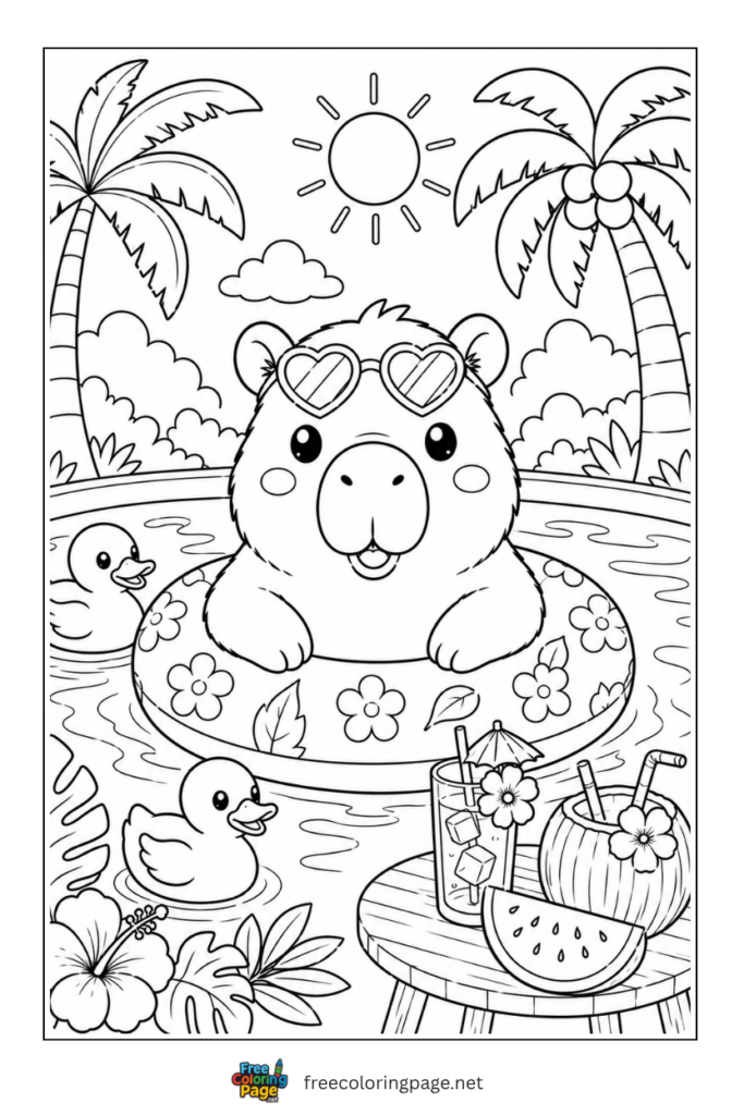 capybara in swimming pool in summer coloring page