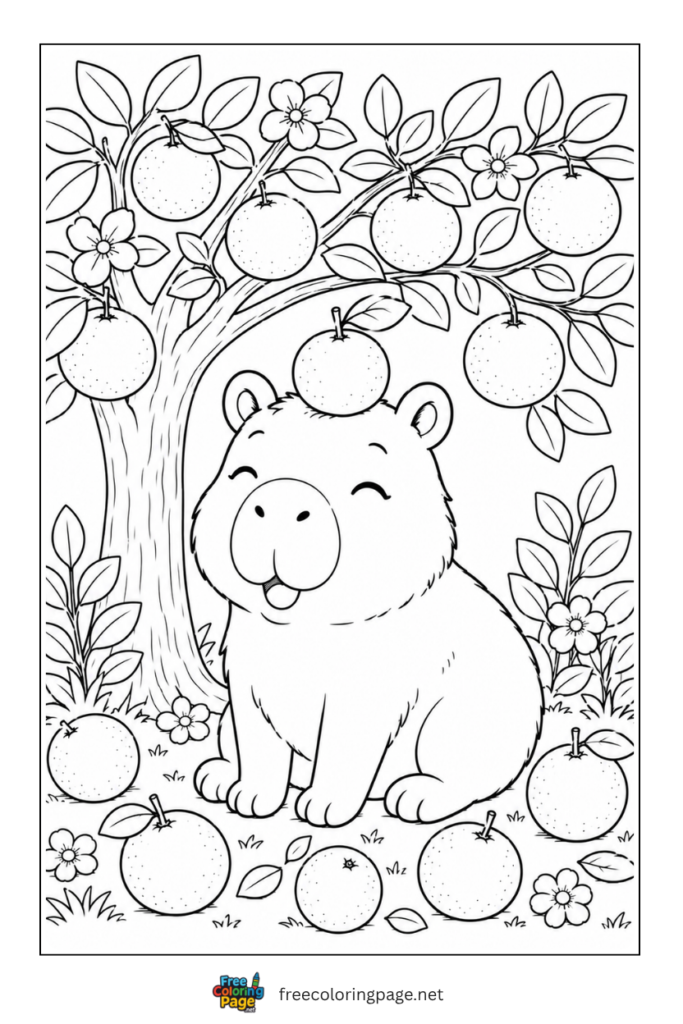 capybara under orange tree coloring page