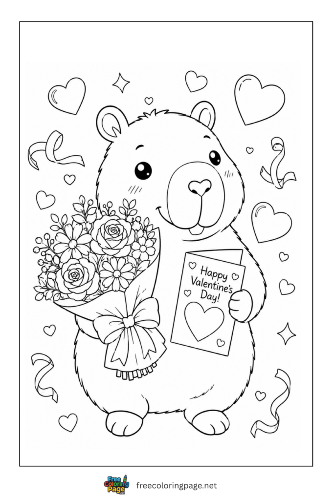 capybara holding  valentine flower bouquet coloring page