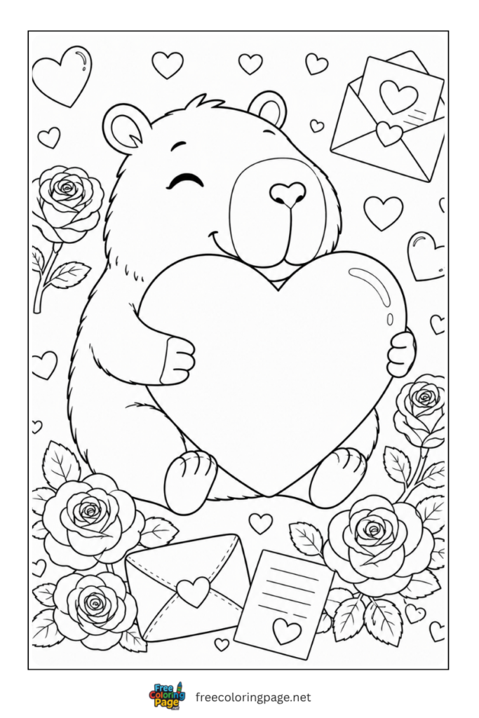 capybara holding big valentine heart coloring page