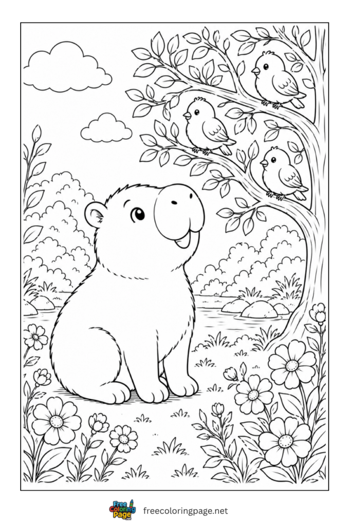 capybara and birds coloring page