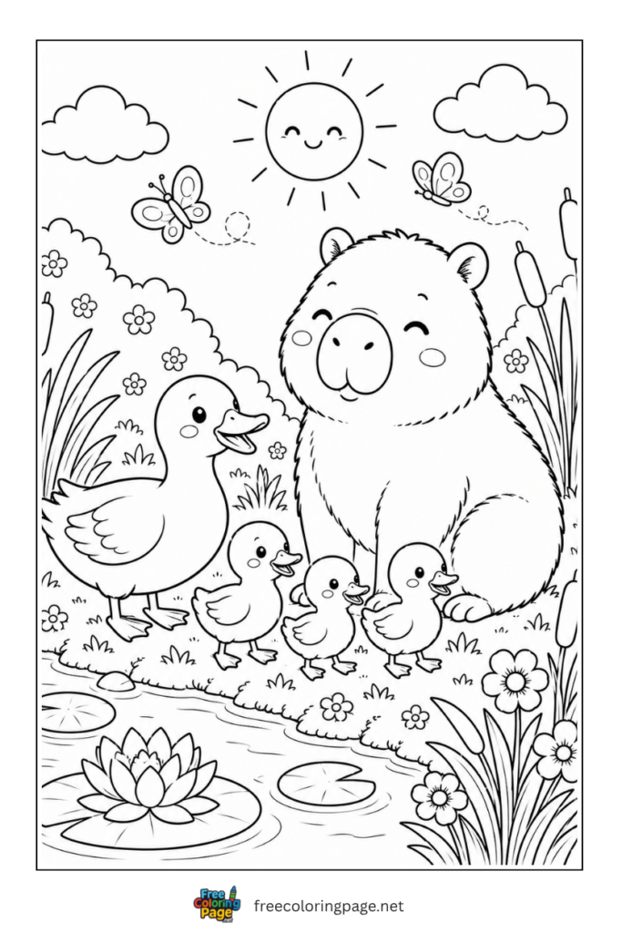 capybara with duck family coloring page