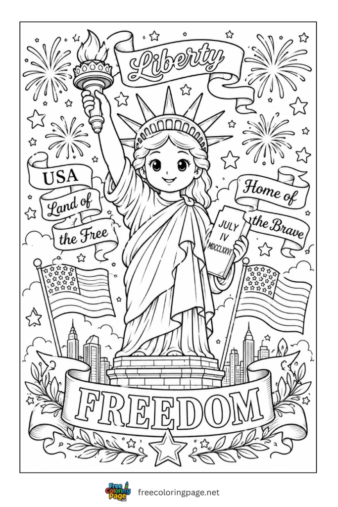 coloring page of cartoon style statue of liberty on 4th of july