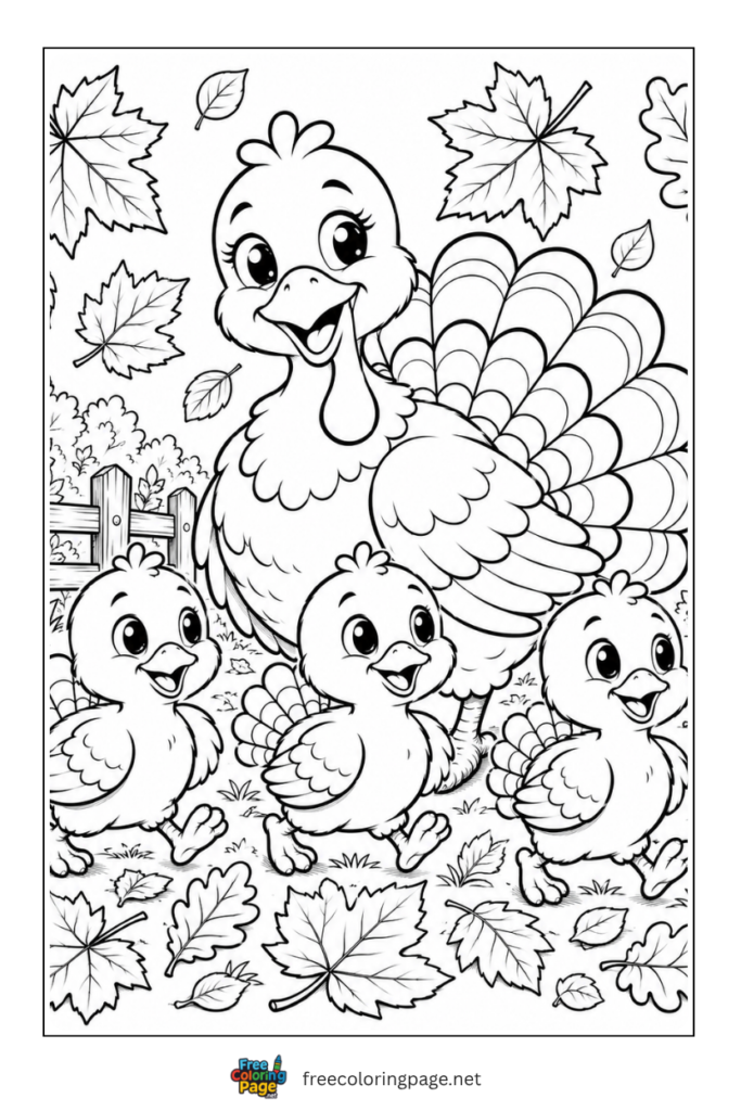 cartoon turkey family walking in autumn coloring page-happy moment