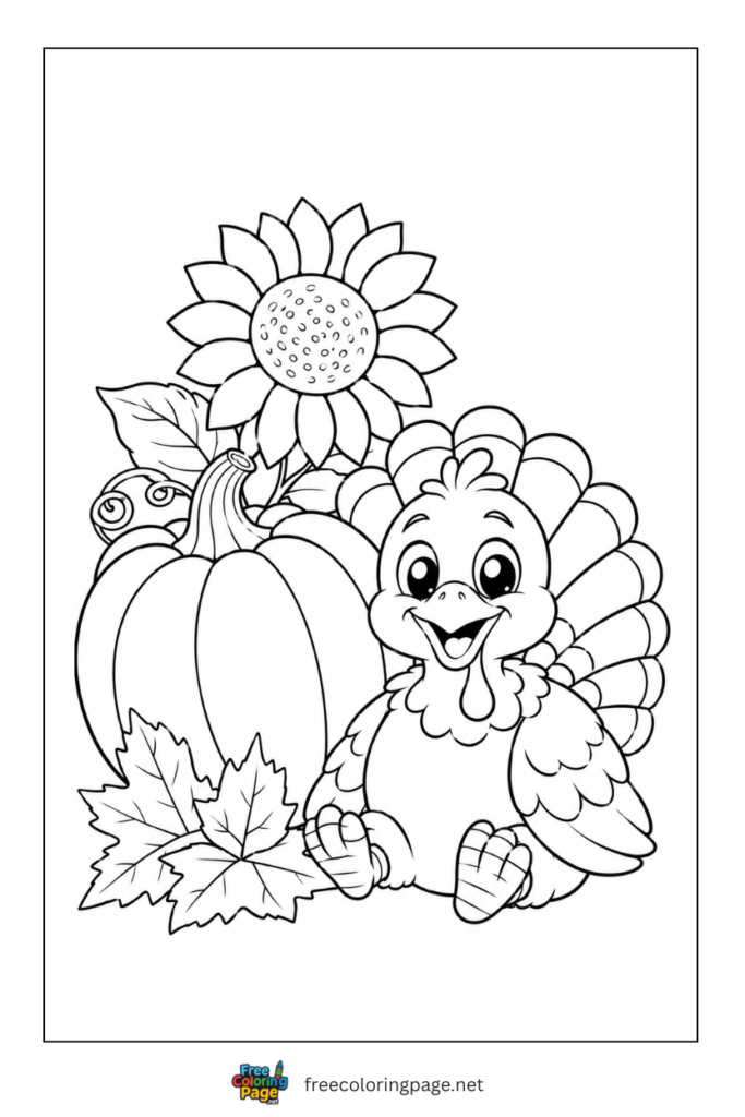 cartoon turkey sitting besides pumpkin coloring page- Autumn scene