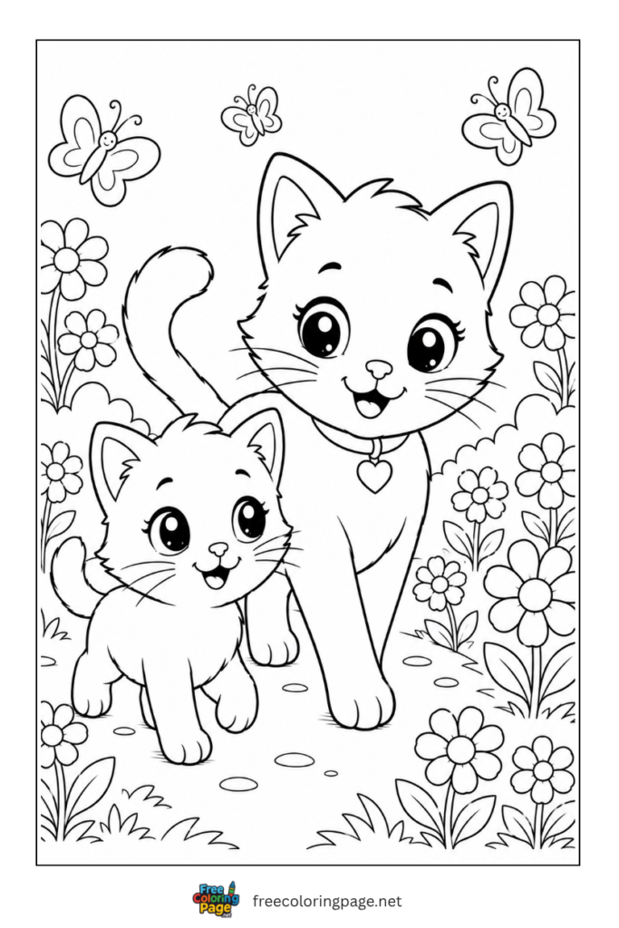 coloring page of kitten with cat