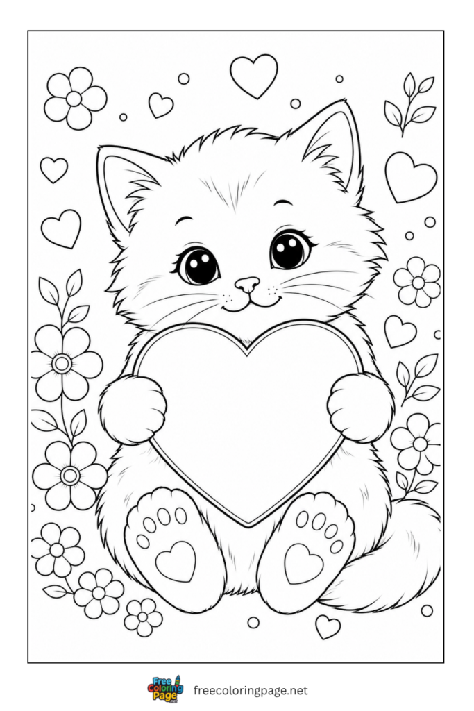 coloring page of cat holding cute heart