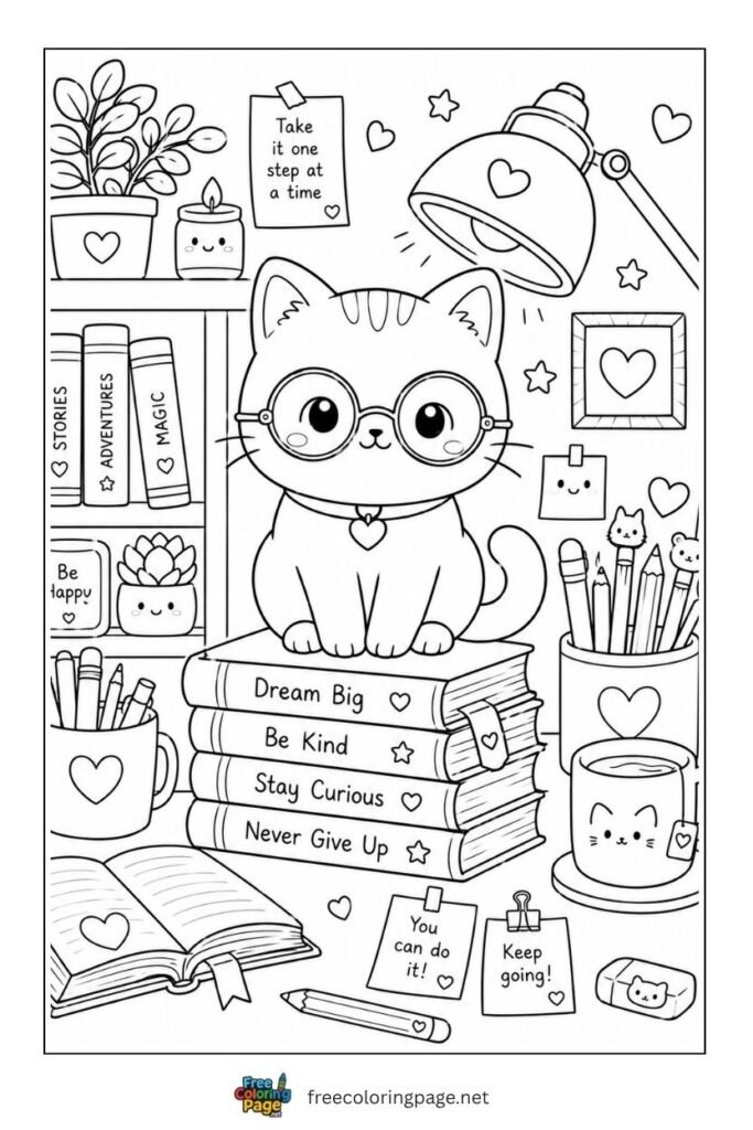 cat on books coloring page-fun for kids