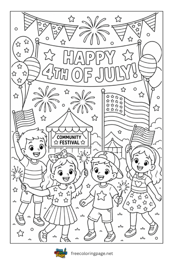 coloring page of children celebration 4th of july with community