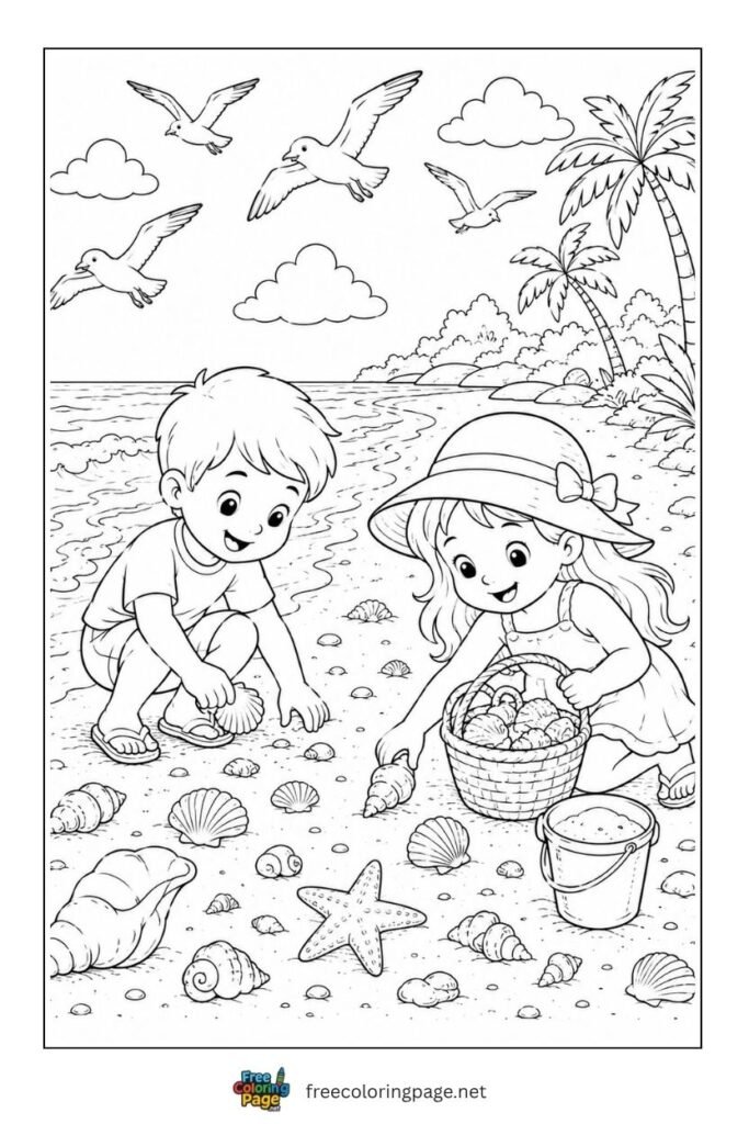 children collecting sea shells beach coloring page