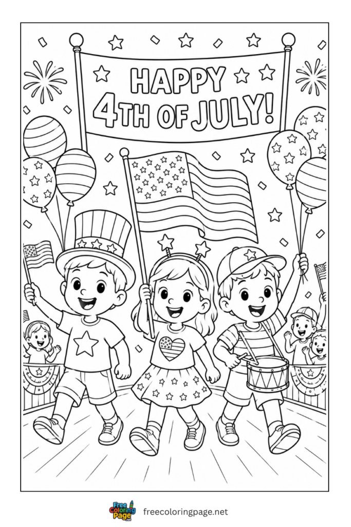 coloring page of children marching on 4th july