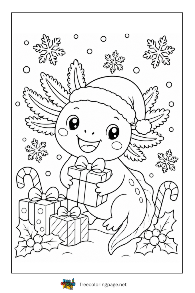 axolotl holding christmas gifts coloring page