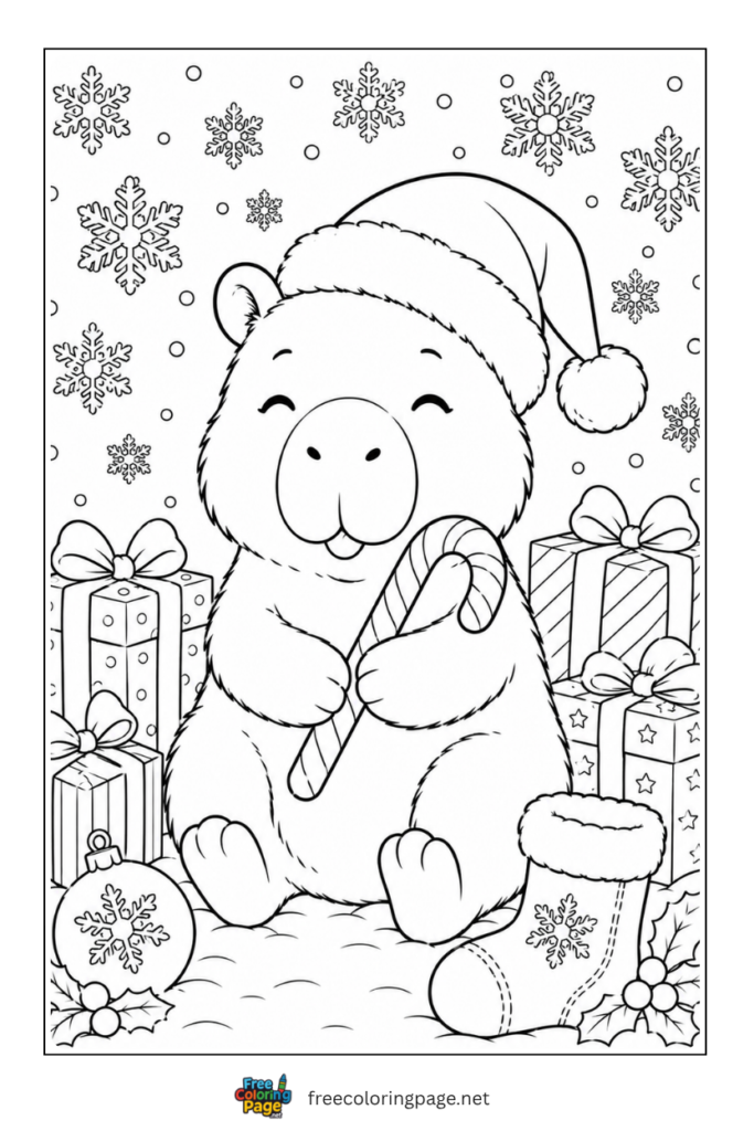 capybara and christmas gifts coloring page