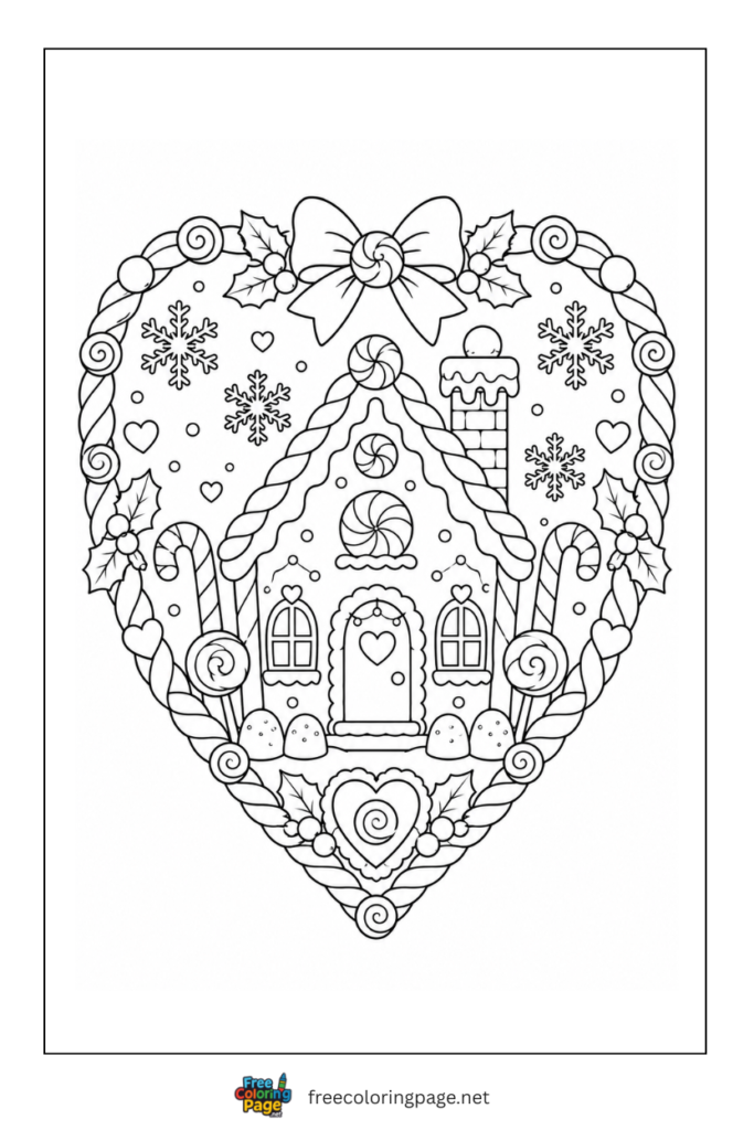  coloring page of heart decorated with christmas ginger bread