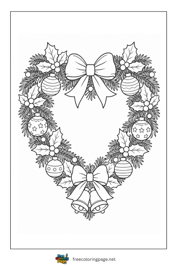 coloring page of christmas ornaments heart wreath 