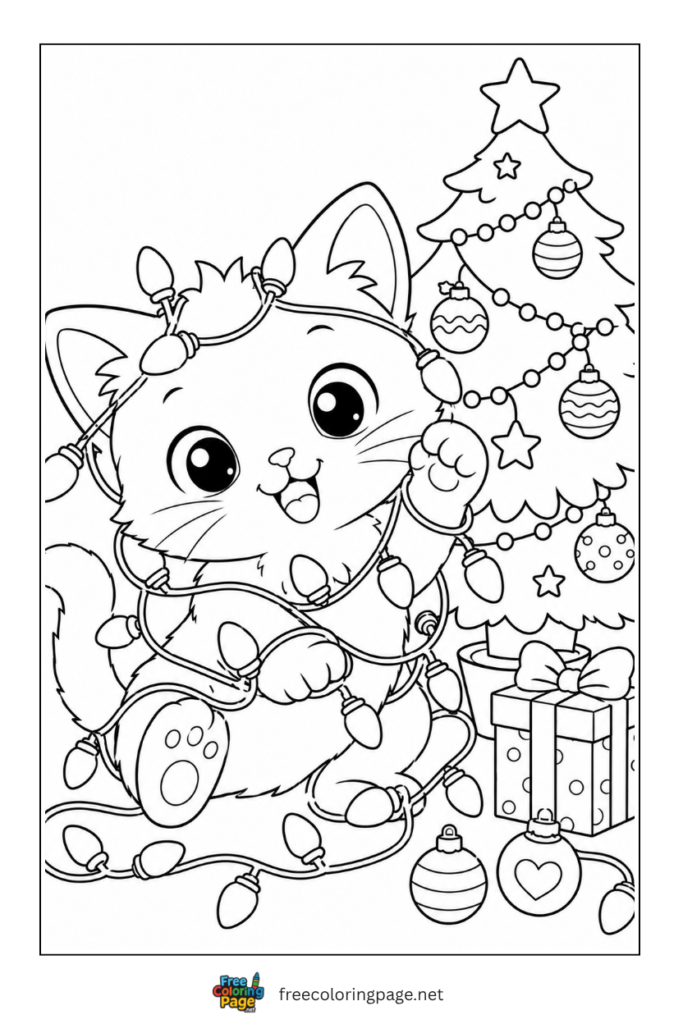 coloring page of kitten entangled with christmas lights