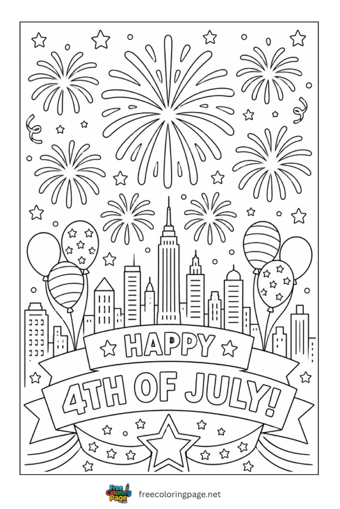 coloring page of city skyline fireworks on USA independence