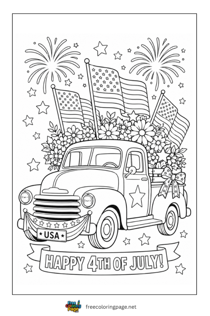 coloring page of classic vintage car full of USA flags and flowers on 4th july
