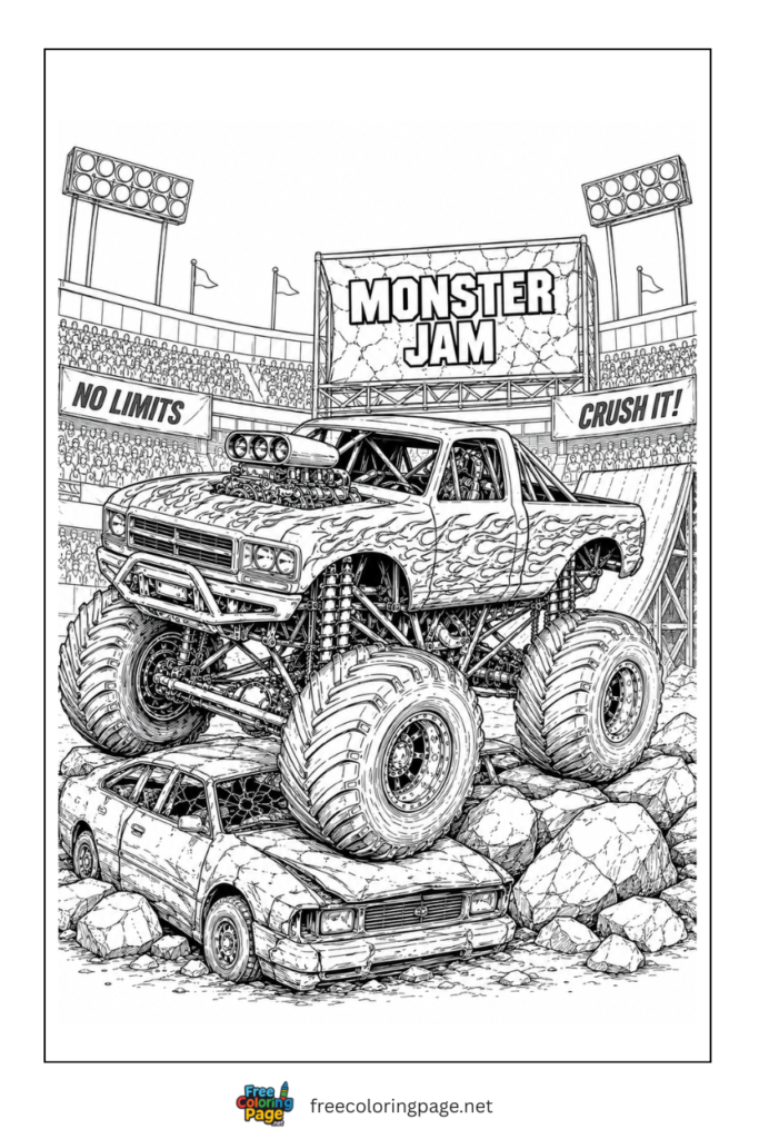 coloring page of complex monster truck for adults