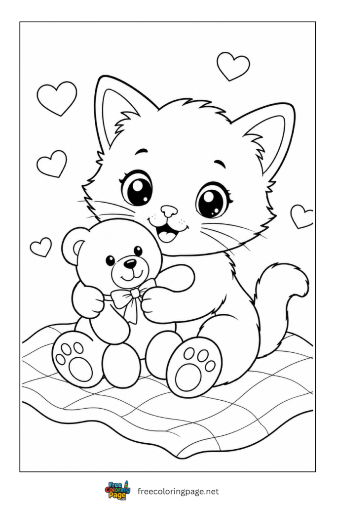 coloring page of kitten with baby toy bear