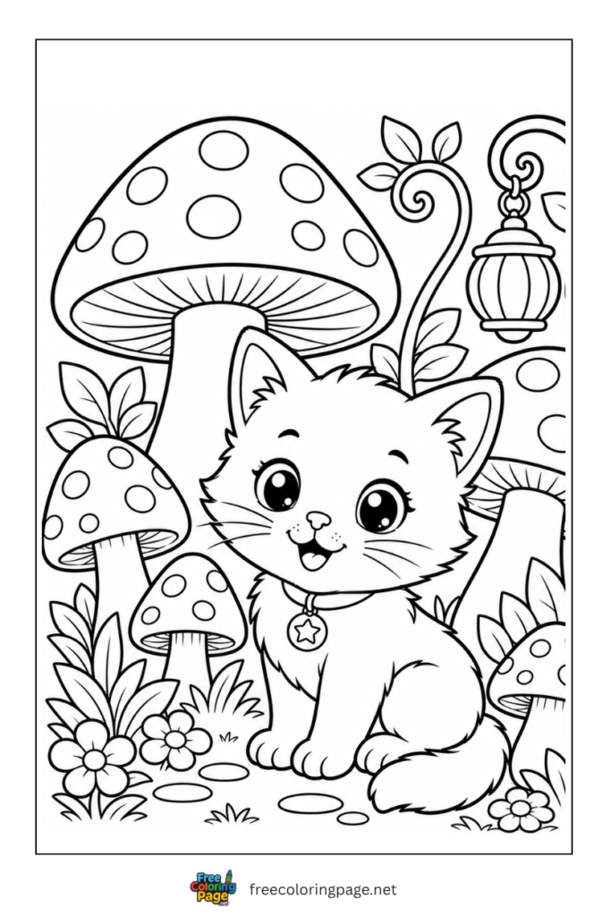 coloring page of kitten in jungle with large mushrooms