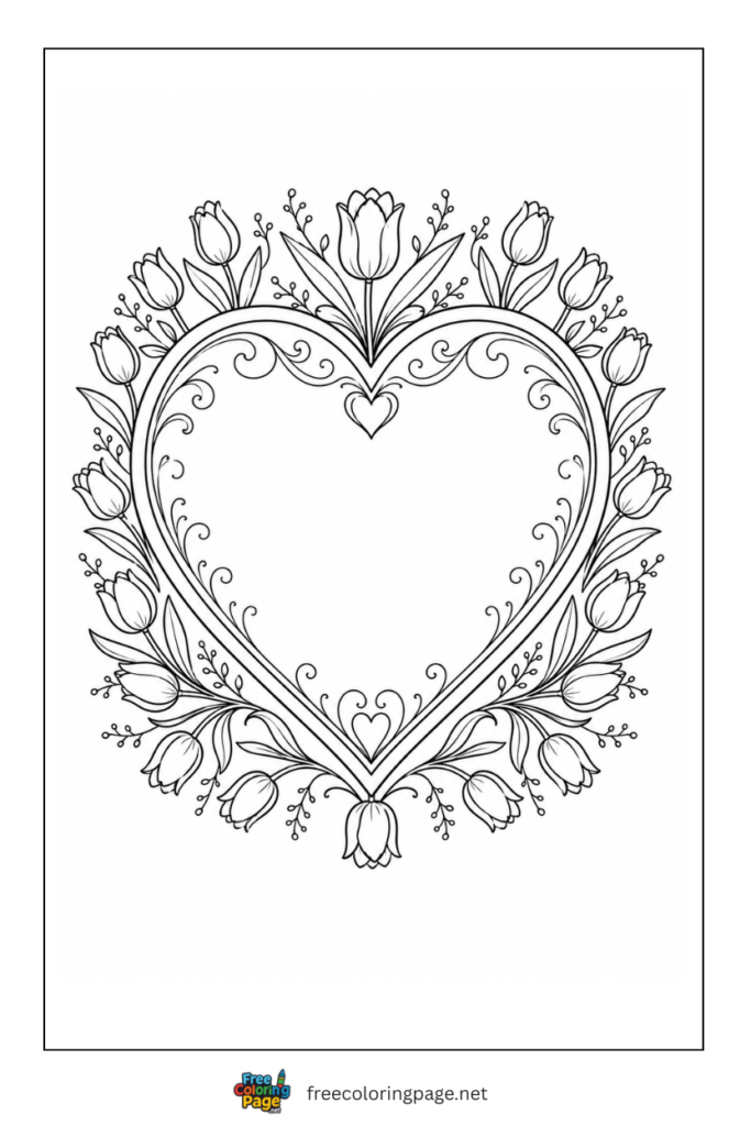 coloring page of heart decorated with flowers