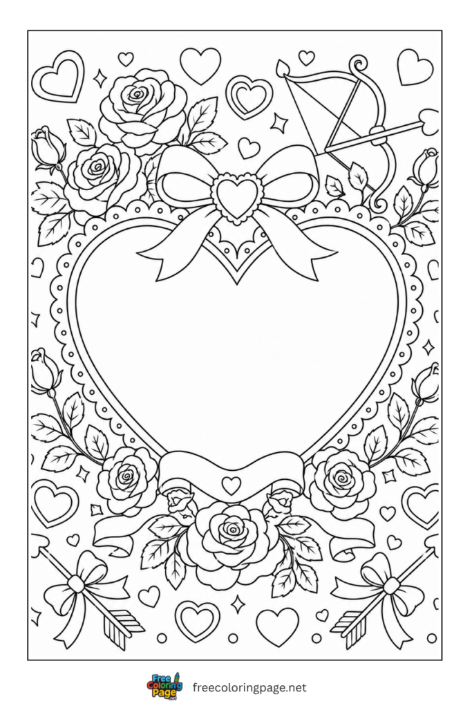 coloring page of heart valentine decorated with bow